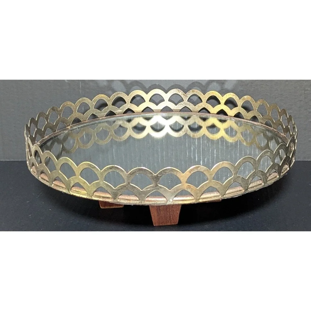 Vintage Vanity Mirror Round Scalloped Metal Lattice Frame 12